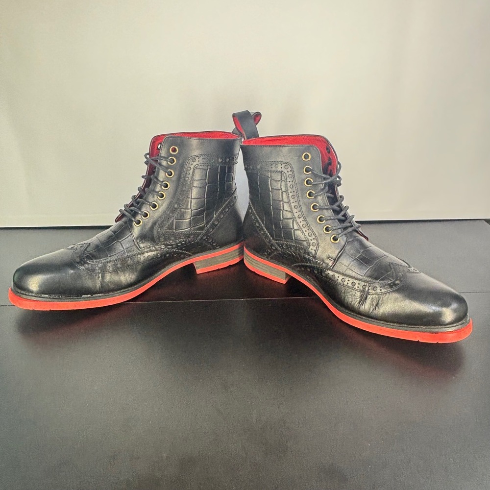 Marc Nolan Black Ankle Boots Moto Croc Embossed Leather Red Sole Grunge Mens 7 - Picture 8 of 8
